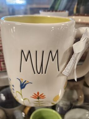 Rae Dunn MUM Floral Ceramic Mug - White with Yellow Interior